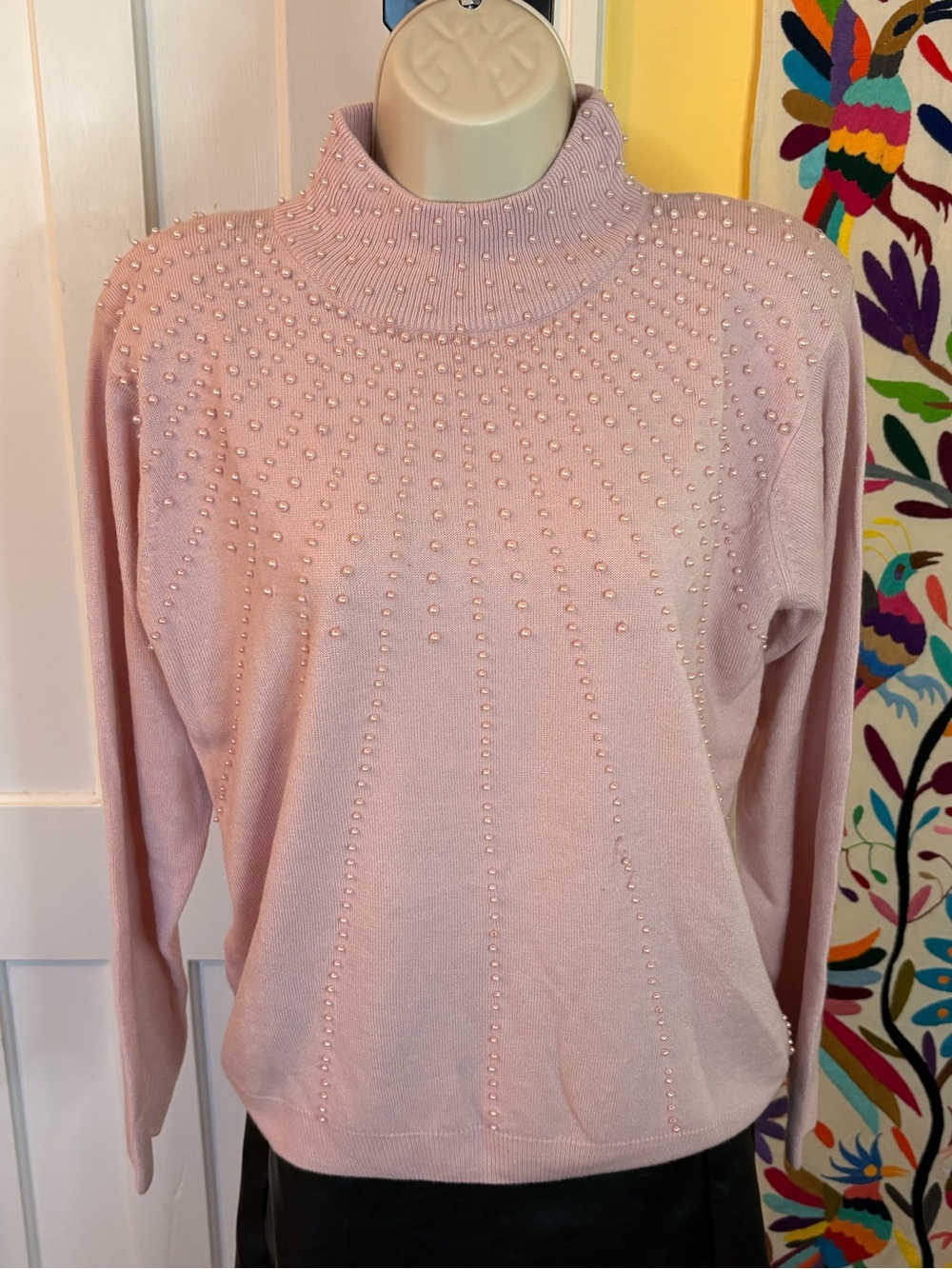 Dressbarn Pink Pearl-Accent Turtleneck Sweater